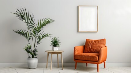 Modern living room with orange armchair and potted plants mockup