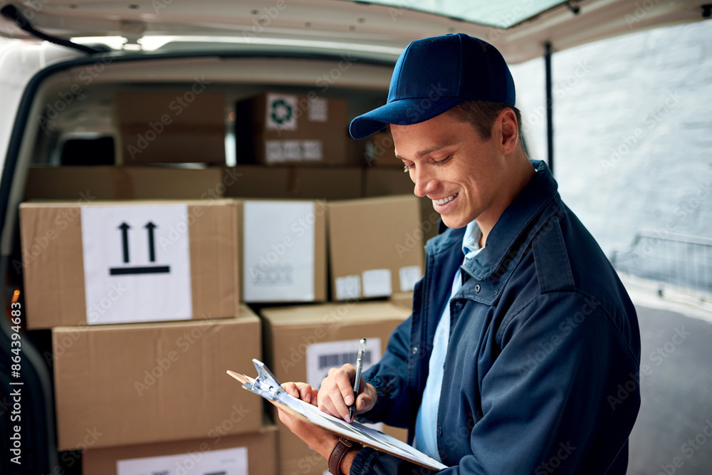 Poster logistic, inspection and delivery man with clipboard by car, checklist and distribution of orders. o