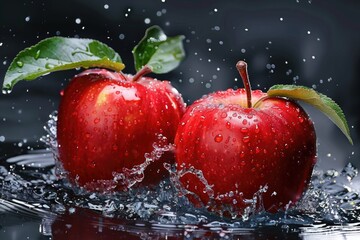 Two red apples with green leaves, covered in water droplets, are splashed in a clear pool of water