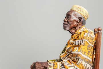 Obraz premium A portrait of an elderly man wearing traditional African clothing, sitting in a chair and gazing towards the horizon, with a contemplative expression on his face