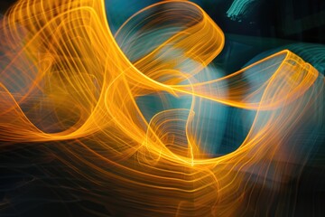 An abstract photo of glowing orange light trails creating dynamic, swirling patterns against a dark blue background