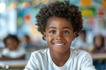 smiling black boy in white t-shirt sitting at school desk at school, back to school concept