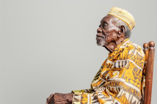 A portrait of an elderly man wearing traditional African clothing, sitting in a chair and gazing towards the horizon, with a contemplative expression on his face - Powered by Adobe