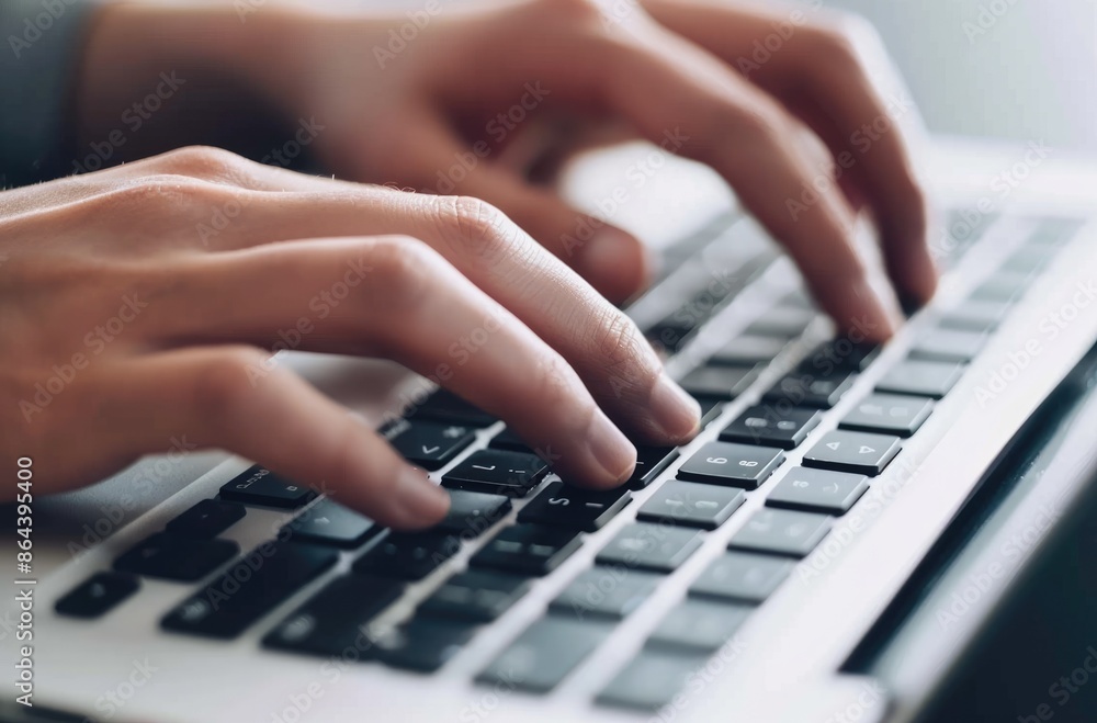 Poster closeup image of hands typing on a laptop keyboard with ambient lighting, illustrating computer work