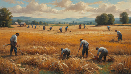 A rich oil painting on canvas capturing a harvest scene in rural fields, where people use scythes. generative ai