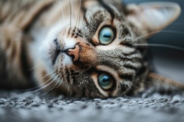 A close-up portrait of a tabby cat with bright blue eyes, lying on a carpet and looking directly at the camera