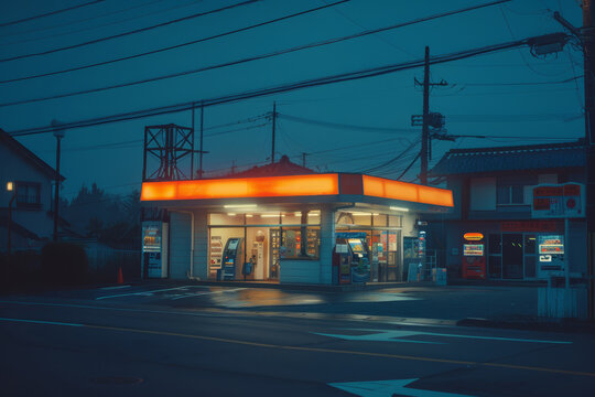 A brightly lit convenience store stands out against the blue dusk sky in a Japanese town