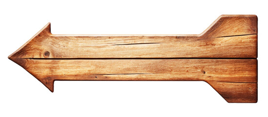 Old wooden blank arrow sign isolated on white and transparent background pointing left. PNG.
