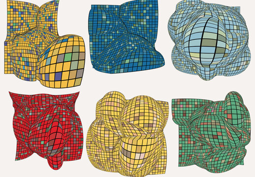 Set of Colored Geometric 3D computer modeled wire frame futuristic objects