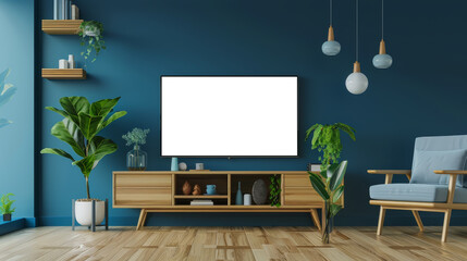 Smart TV on the dark blue wall in living room,minimal design- 3D rendering