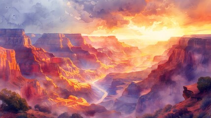 A watercolor landscape of a canyon, intricate rock formations in rich red and orange tones, a serene river flowing at the base, the sky painted with warm colors of sunset, a calm and awe-inspiring sce