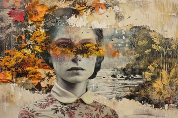 A womans face is partially obscured by a collage of autumn leaves, a river, and a sky. The artwork is a mix of realism and abstraction, with a sense of mystery and melancholy