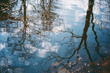 A close-up of a still ponds surface, reflecting the silhouette of a tree and the blue sky above