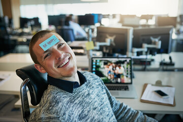 Businessman, portrait and note on forehead in office for happy reminder, work break and comedy...