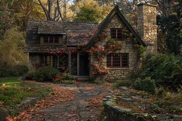 A charming stone cottage with a shingled roof sits amidst a lush autumnal landscape, bathed in the warm glow of late afternoon sun