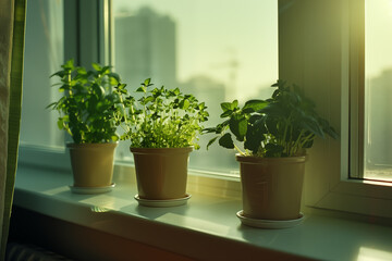 Potted plants on window sill with cityscape in background during sunrise