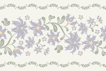 Tapestry floral pattern vintage ethnic modern embroidery texture boho design vector illustration hand drawn flower motif branches leaves wallpaper seamless background border.