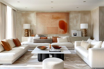 White sofas with terra cotta pillows against beige stucco wall with big art frame. Minimalist interior design of modern living room.
