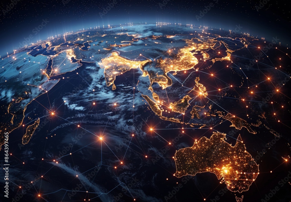 Poster nighttime view of earth with interconnected red lines showing global network