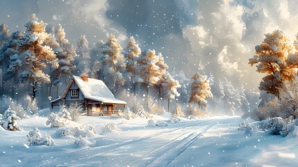 A watercolor landscape featuring a snowy wonderland, frosted trees, a cozy cabin nestled among the snow-covered trees, a clear, starry night sky, creating a serene and peaceful atmosphere.