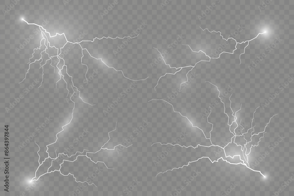 Poster Lightning. Thunder storm realistic lightning. Bright light effects. Lightning bolt set Magic and bright light effects. Vector illustration