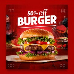 Burger 50% off social media poster design