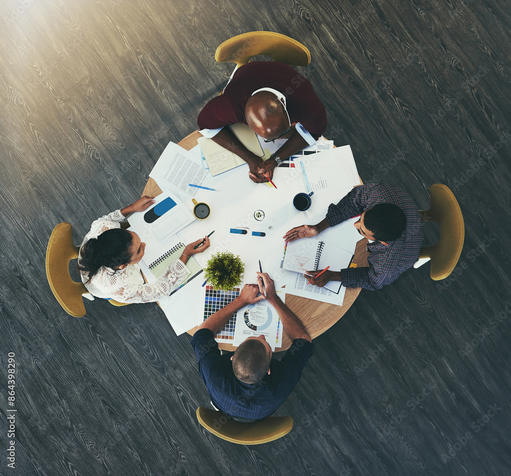 Aufkleber top view, business people and teamwork with paperwork, graphs and cooperation with feedback. group, 
