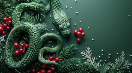 Fototapeta premium a green snake amidst red berries and pine branches, with snowflakes and white beads scattered around. It combines natural elements with holiday decorations, evoking a sense of winter festivity. 