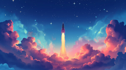 Rocket flying in the sky. Vector illustration style. Cartoon design of white clouds and stars on gradient background.
