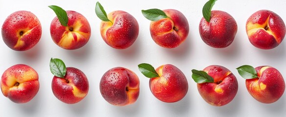 Naklejka premium peach fruit are in neat rows and top view