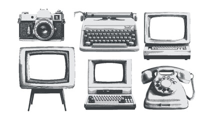 Old computers, TV, cell phone, camera. Retro technology concept. Contemporary Retro Surreal Collage Set. Halftone cut out elements. Vintage psychedelic dotted stickers.