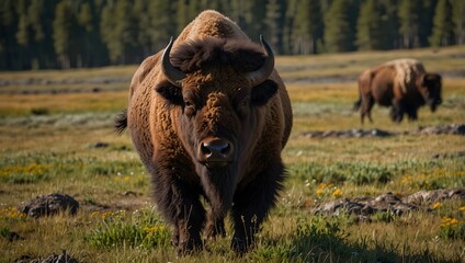 About encountering a bison herd during a hike through Yellowstone's vast meadows  ai_generated