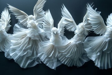 Fototapeta premium Unusual white angels made of paper using origami technique. Christmas or New Year card using paper technique.