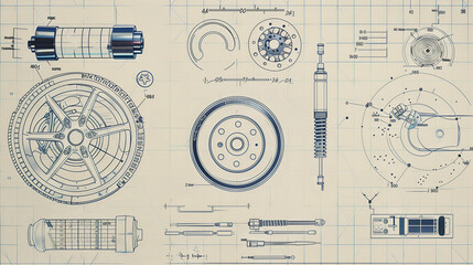 Technical Drawing of Car Components on Graph Paper.