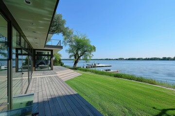 Obraz premium Beautiful view of the lake from an elegant deck on a modern house with the lake appearing a grayish-blue blue color through the glass windows, a green grassy lawn leading to the water's Generative AI