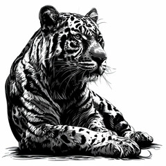 Obraz premium A black and white drawing of a tiger laying down
