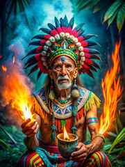 An old shaman performs a ritual to communicate with the universe. The background looks like the Maya tribe.