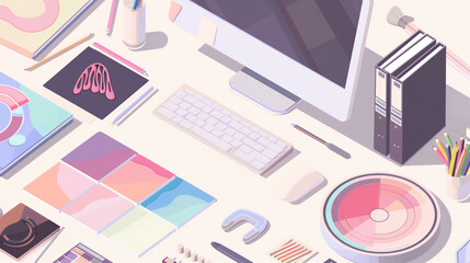 A series of isometric 3D cartoon icons showing graphic design tools in soothing pastel tones, including a computer, stylus, and color samples.

