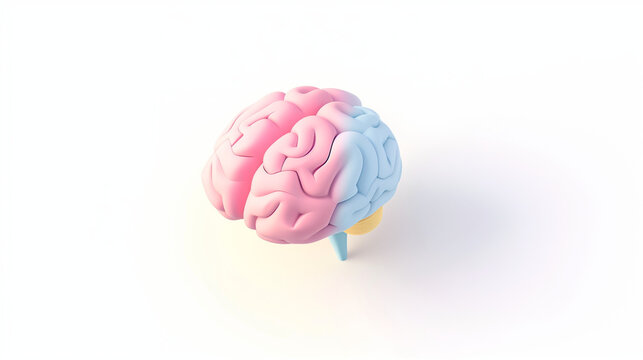 Pastel-colored brain illustration in isometric 3D cartoon style, showcased against a clean white background, symbolizing mental well-being and cognitive harmony.






