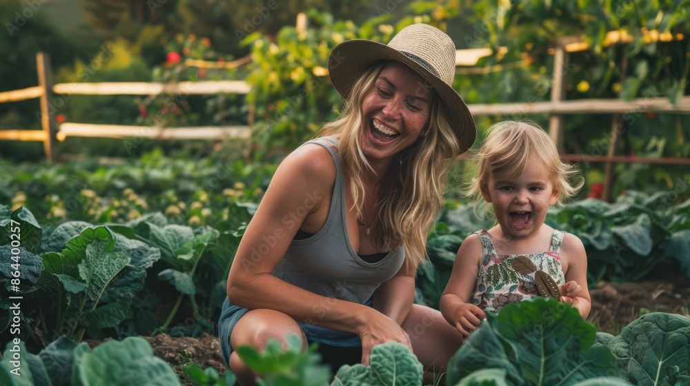 Poster the mother and child gardening