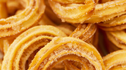 Fototapeta premium Golden churros dusted with cinnamon sugar against a plain backdrop, highlighting their sugary appeal and health considerations.