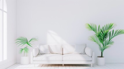 A bright and airy apartment interior decorated in a minimalist style with a predominantly white color scheme. The clean, uncluttered space offers plenty of room for customization and text overlay.