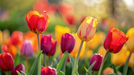 Fototapeta premium Close-up of colorful tulips in full bloom, with vibrant reds, yellows, and purples highlighting the beauty and diversity of spring flowers
