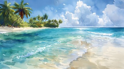 Fototapeta premium A watercolor landscape of a tropical beach, crystal clear turquoise water, white sandy shore, palm trees swaying gently in the breeze, the sky painted in soft pastel hues of dawn.