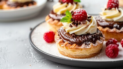 Elegant raspberry cream pastry on a glazed chocolate base, adorned with fresh raspberries and dusted with powdered sugar