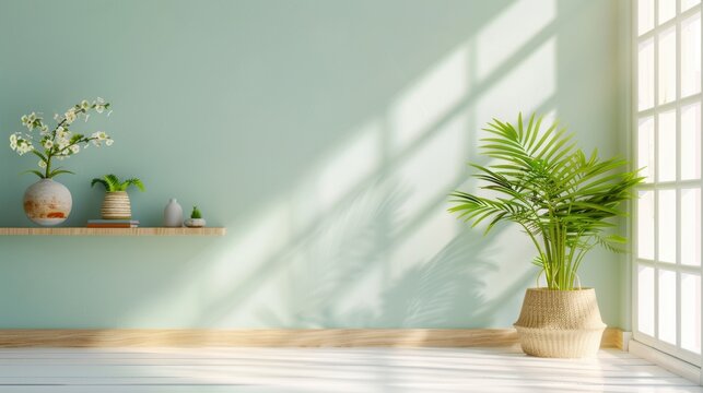A minimalist green bookshelf in a simple and modern room, offering plenty of copy space for customization and highlighting the clean design.