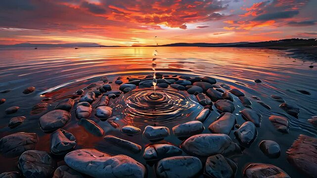 Surrealistic landscape with a natural hyperboloid of rocks, waterfall and sunset reflected in the water. A peaceful and powerful demonstration of the majesty and beauty of nature.