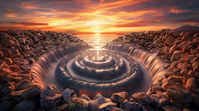Surrealistic landscape with a natural hyperboloid of rocks, waterfall and sunset reflected in the water. A peaceful and powerful demonstration of the majesty and beauty of nature.