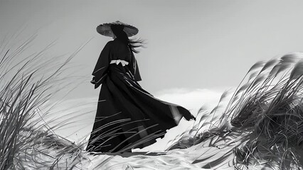 Black and white photograph , a lonely samurai woman standing on a sand dune, traditional clothing, wearing a wide-brimmed straw hat, hair fluttering in the wind, minimalist style. - Powered by Adobe