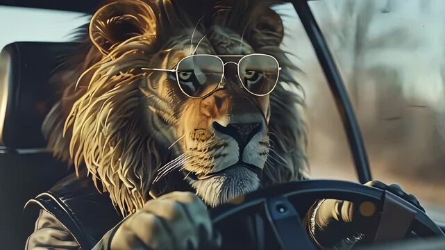 Lion wearing glasses driving a car, with muscular body, long hair, leather vest and black pants. Cool style in photorealistic technique with detailed background in hyperrealism.